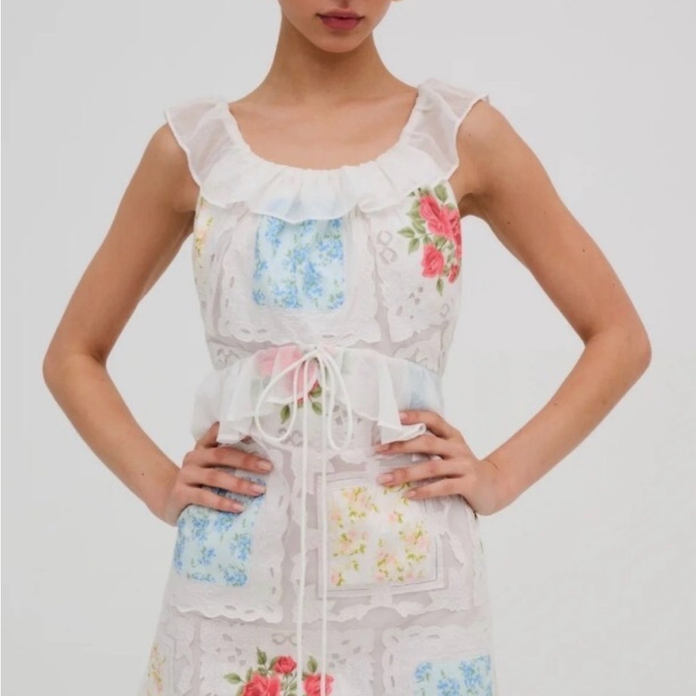 Sheer Floral Patchwork Ruffle Tie-Waist Dress - White with Pastel Florals